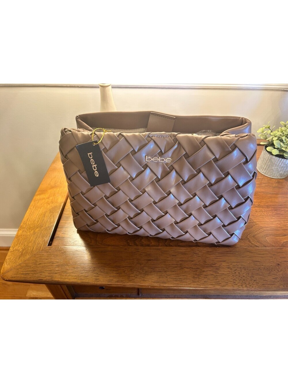 bebe Luca Medium Satchel Bag Taupe Woven Chain Strap NWT E03-5358